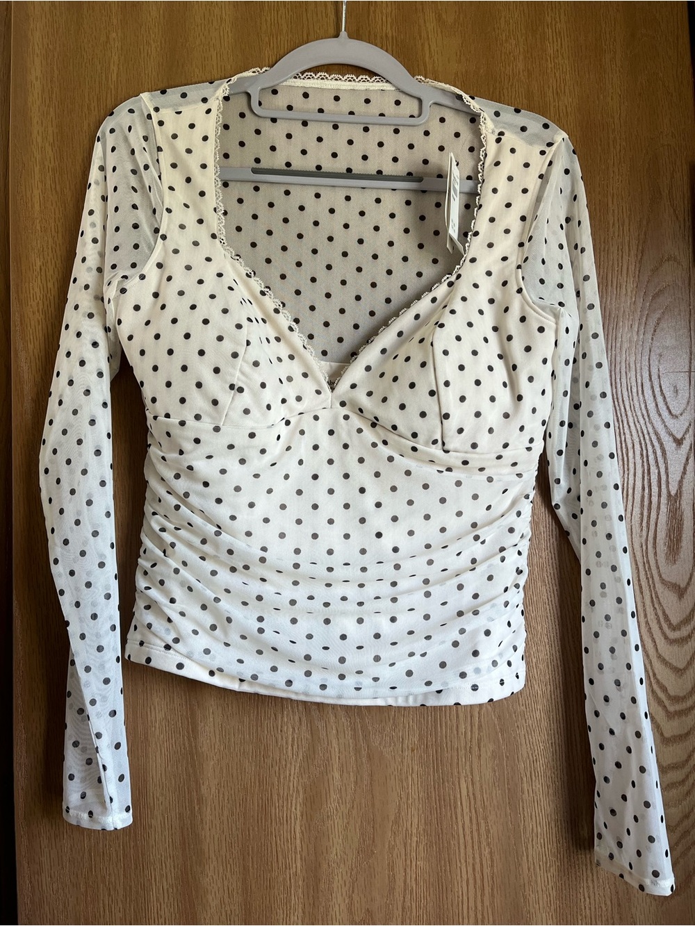 Abercrombie Polka Dot Long-Sleeve V-Neck Ruched Top - White/Black